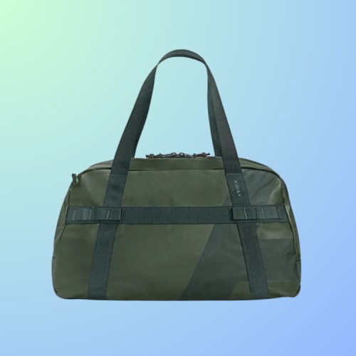 A green duffel bag with sturdy handles against a gradient blue background.