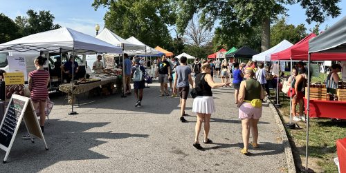 A bustling outdoor market with various vendor tents and people browsing on a sunny day.