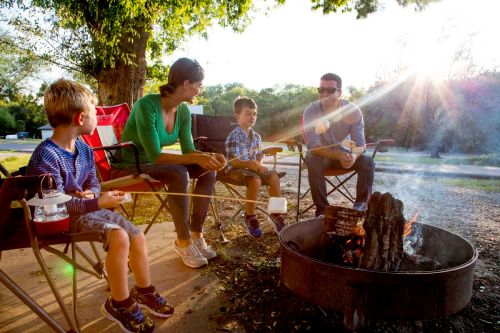 A family enjoys a campfire, roasting marshmallows, with sunlight shining through trees in the background.