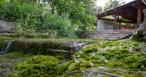 A serene scene of a moss-covered rock by a flowing stream, with a rustic structure and greenery in the background.