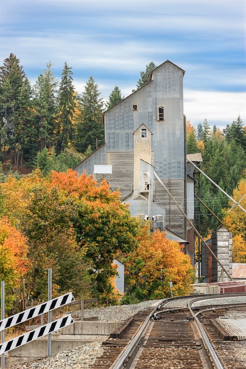 A weathered building surrounded by vibrant autumn trees, with train tracks leading towards it under a cloudy sky.