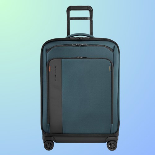 A teal suitcase with a retractable handle and wheels, set against a gradient background.