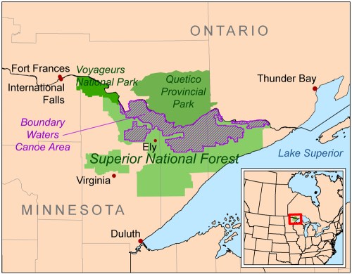 Map showing the Superior National Forest and Boundary Waters Canoe Area, located in Minnesota and Ontario, Canada.