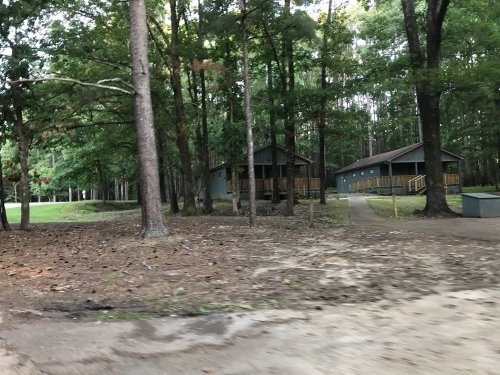 Two wooden cabins surrounded by trees, with a dirt path leading through a wooded area.
