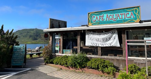 A rustic café with a sign reading "Café Aquatica," featuring outdoor seating and a scenic view of greenery and water.