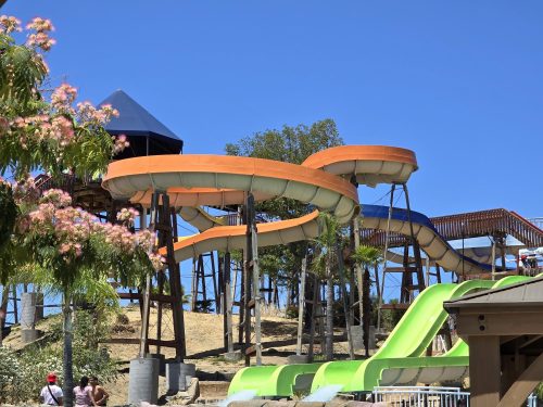 Colorful water slides at a water park under a clear blue sky, surrounded by trees and visitors.