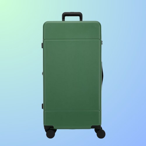 A green suitcase with a handle and wheels, set against a gradient blue background.