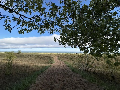 A sandy path leads to a serene beach, framed by green foliage and a blue sky with scattered clouds.