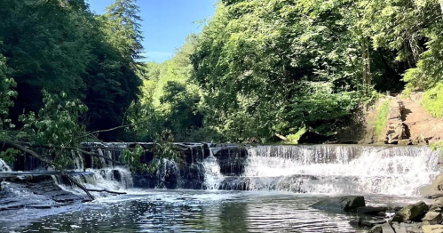 A serene waterfall cascades over rocks, surrounded by lush green trees and a clear blue sky.