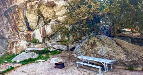 A picnic table and fire pit nestled among large rocks and greenery in a natural outdoor setting.