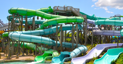 Colorful water slides twist and turn at a water park, surrounded by greenery and a clear blue sky.