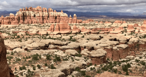 A vast desert landscape featuring red rock formations, layered cliffs, and scattered greenery under a cloudy sky.