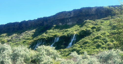 A lush green hillside with small waterfalls cascading down rocky cliffs under a clear blue sky.
