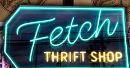 Neon sign for "Fetch Thrift Shop" with a bright blue outline and white lettering.
