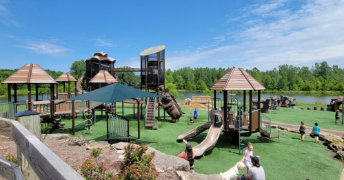 A vibrant playground with slides and climbing structures, surrounded by green grass and a lake under a clear blue sky.