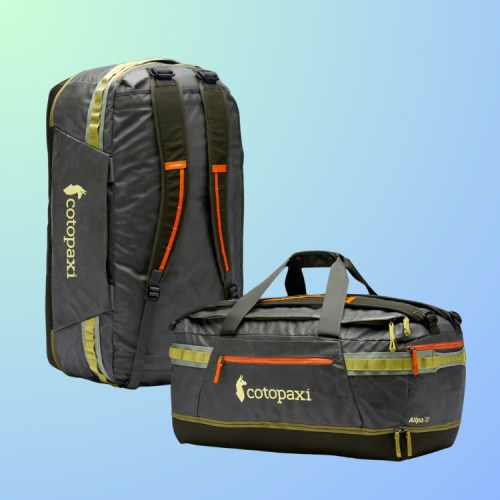 Two Cotopaxi bags in gray with orange and green accents, one is a backpack and the other a duffel bag, on a gradient background.