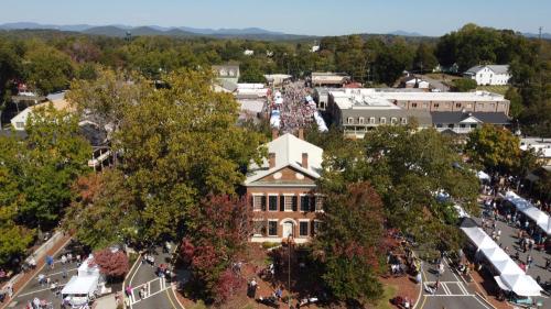 Aerial view of a bustling street festival with vendors, trees, and mountains in the background.