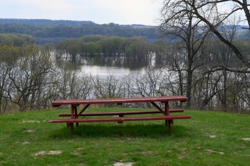 A red picnic table on green grass overlooking a calm river with trees in the background.