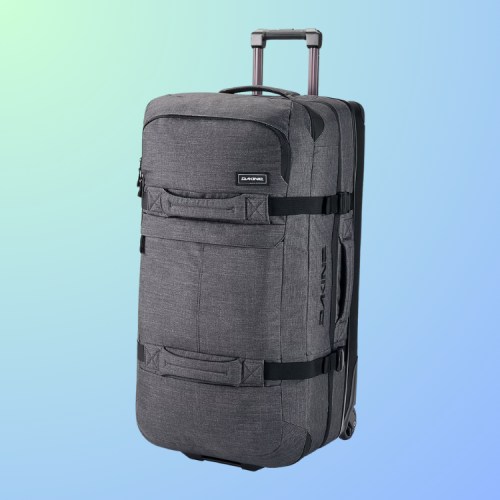 A gray wheeled suitcase with multiple compartments against a gradient background.