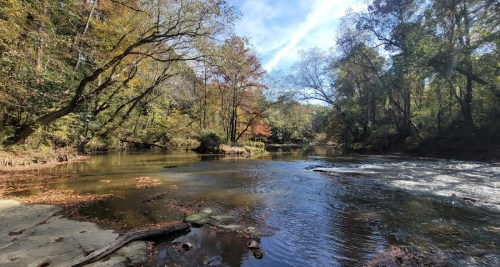A serene river scene surrounded by lush trees and autumn foliage under a clear blue sky.