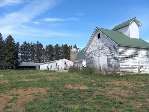 A rustic farm scene featuring weathered barns, a silo, and green grass under a blue sky with scattered clouds.