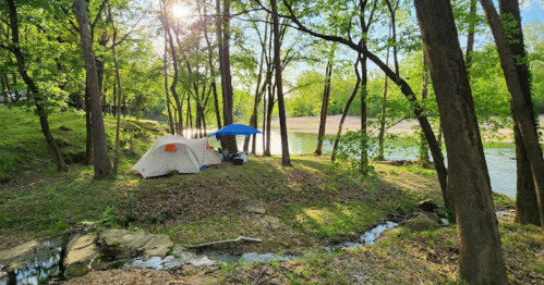A serene campsite by a river, featuring a tent and a blue umbrella surrounded by lush green trees.