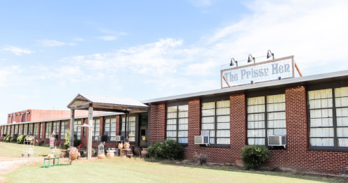 Exterior view of a brick building with large windows, featuring a sign that reads "The Prissy Hen." Green grass in front.