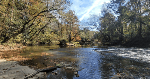 A serene river scene surrounded by trees with autumn foliage, reflecting a clear blue sky.
