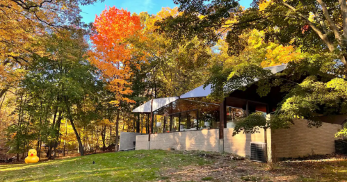 A modern building surrounded by vibrant autumn foliage, featuring colorful trees and a clear blue sky.