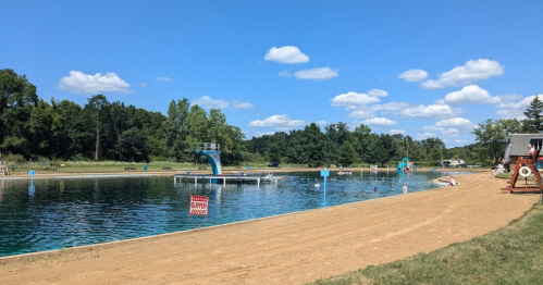 A sunny day at a swimming area with a diving board, sandy shore, and people enjoying the water. Lush trees in the background.