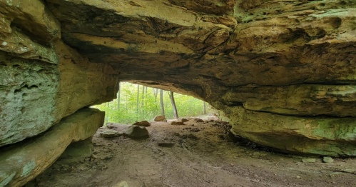 A natural rock formation with a cave-like opening, revealing lush greenery outside.