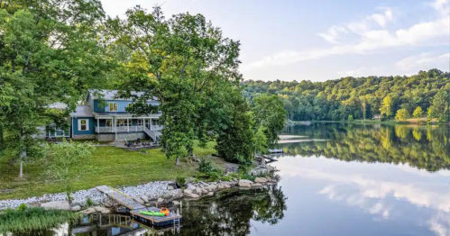 A serene lakeside view featuring a house surrounded by trees and a calm water reflection.
