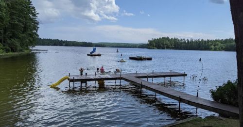 A serene lake scene with a wooden dock, people enjoying water activities, and lush green trees in the background.