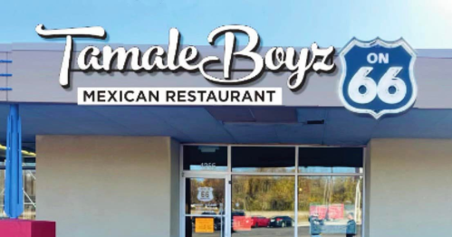Sign for "Tamale Boyz Mexican Restaurant" located on Route 66, featuring a colorful exterior.