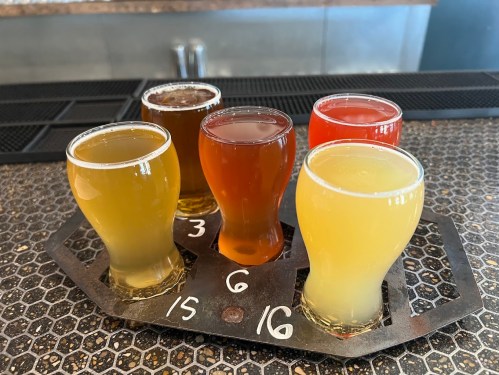 A flight of five craft beers in small glasses, arranged on a black tray with numbers 3, 6, 15, and 16 visible.
