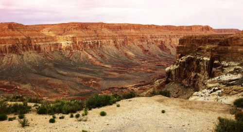 A vast canyon landscape with layered rock formations and sparse vegetation under a colorful sky.