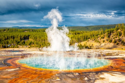 A vibrant geothermal spring with steam rising, surrounded by lush greenery and a cloudy sky in Yellowstone National Park.