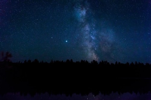 A starry night sky with the Milky Way and a reflection on a calm lake, framed by dark silhouettes of trees.