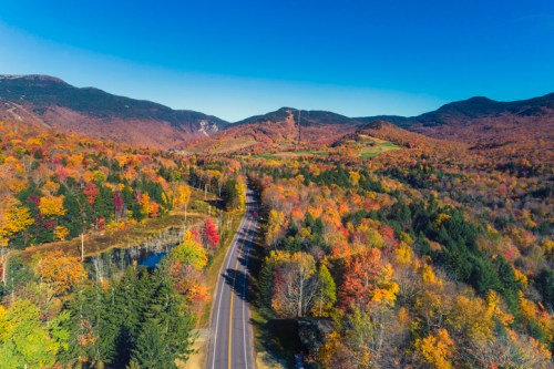 Aerial view of a winding road through vibrant autumn foliage and mountains under a clear blue sky.