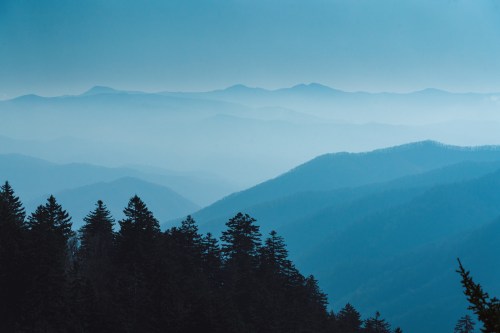 A serene landscape of layered blue mountains shrouded in mist, with dark green trees in the foreground.