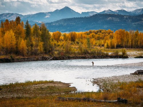 A lone fisherman stands in a river surrounded by autumn trees and mountains under a cloudy sky.