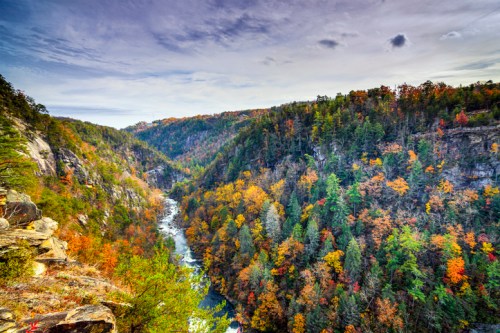 A scenic view of a river winding through a colorful autumn forest with steep cliffs on either side.