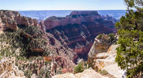 A panoramic view of a colorful canyon with steep cliffs and lush greenery in the foreground under a clear blue sky.
