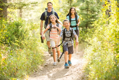 A family of four happily hiking on a sunny trail surrounded by greenery. Two children lead the way, smiling.