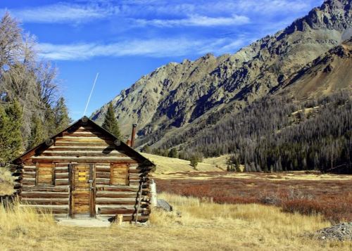 A rustic log cabin surrounded by golden grass and mountains under a clear blue sky.