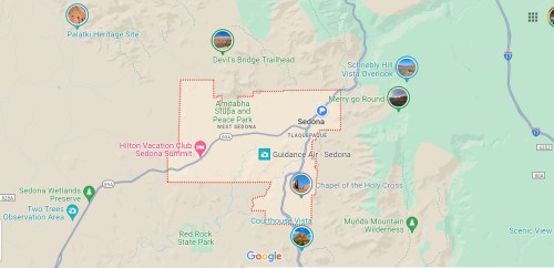 Map of Sedona, Arizona, highlighting attractions like Devil's Bridge, Chapel of the Holy Cross, and scenic viewpoints.