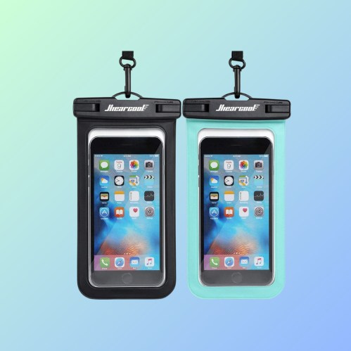 Two waterproof phone pouches in black and mint green, each holding a smartphone, against a gradient background.