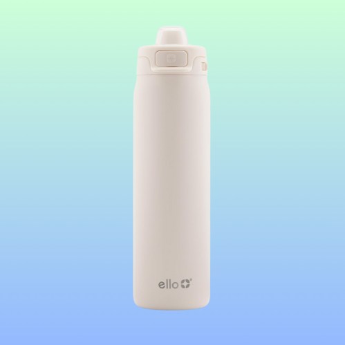 A sleek, white water bottle with a flip-top lid against a gradient blue-green background.