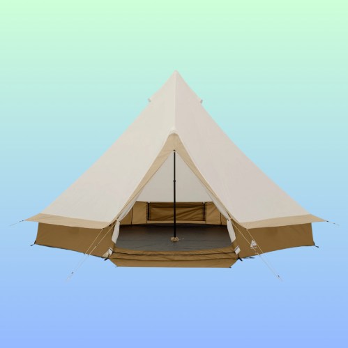 A spacious beige tent with a peaked roof, set against a gradient blue-green background.