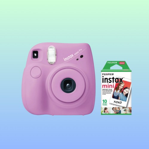 A pink Fujifilm Instax Mini 7+ camera next to a pack of Instax Mini film. Background is a gradient of soft colors.